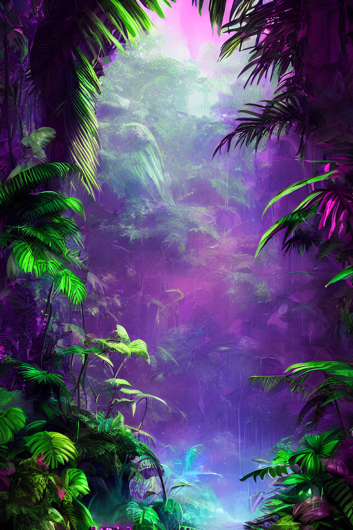 Colorful digital artwork of mystical jungle with neon hues and ethereal lighting