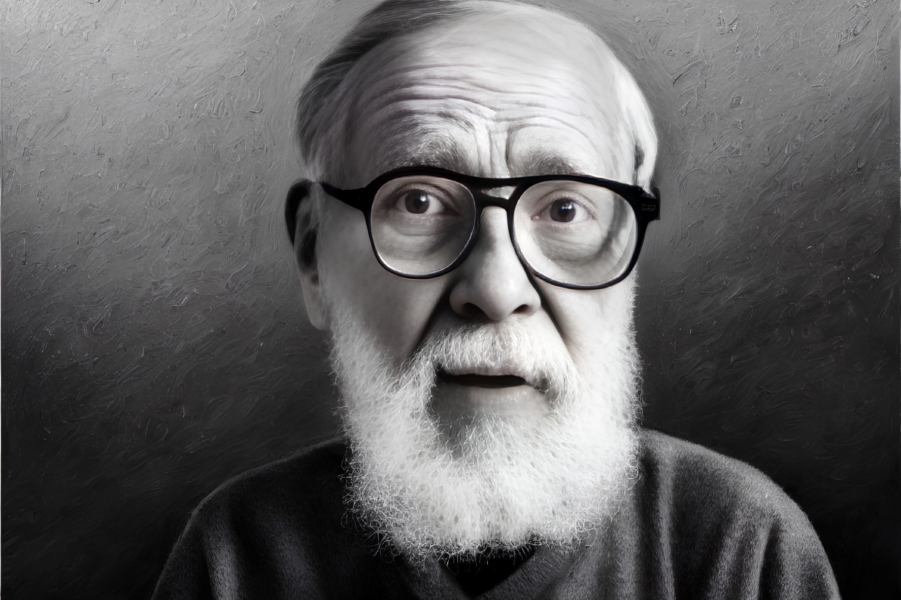 Elderly Man with White Beard and Black Glasses on Grey Background