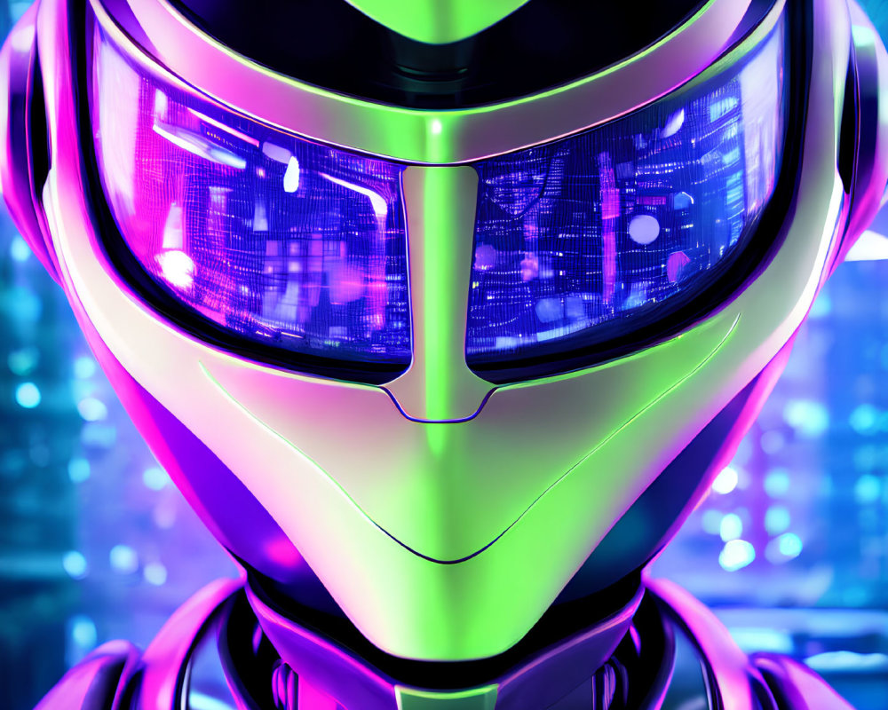Futuristic robot face with glowing visor and neon lights on metallic surface