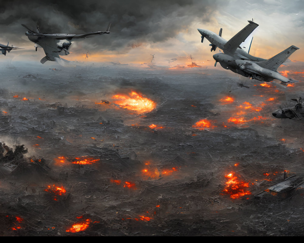 Fiery apocalyptic warzone with aircraft and explosions