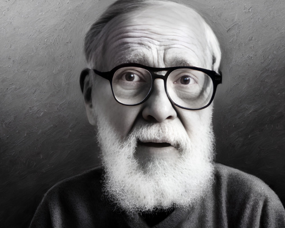 Elderly Man with White Beard and Black Glasses on Grey Background