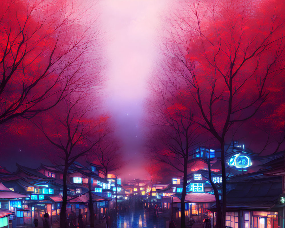 Night scene with neon-lit traditional buildings and red-leafed trees reflecting on wet street