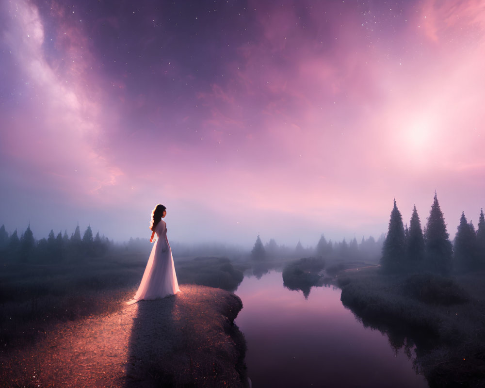 Person in white dress by winding river at dusk with misty landscape and starry sky
