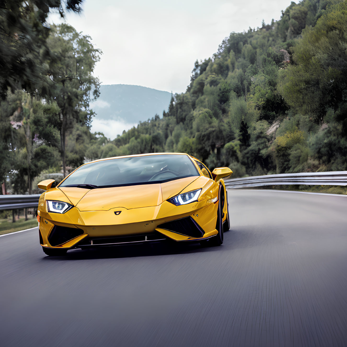 Yellow Lamborghini on Mountain Road with Trees and Cloudy Sky