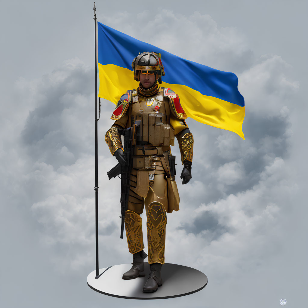 Person in Golden Armor with Rifle and Flag on Clouded Sky Background