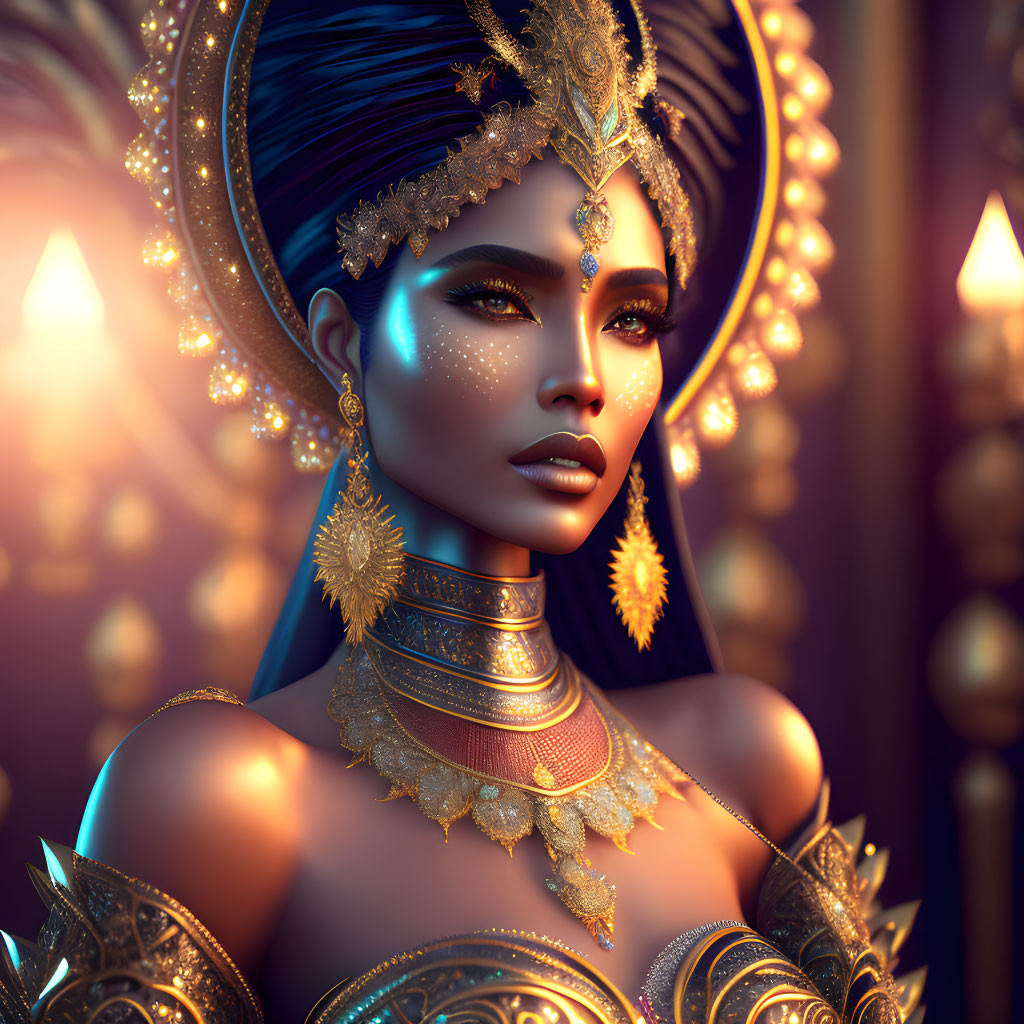 Golden headdress adorns elegant woman in warm, candle-lit setting