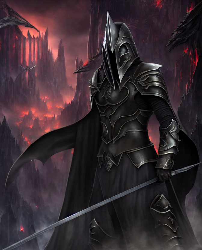 Dark Figure in Ornate Armor with Long Sword in Fiery Landscape
