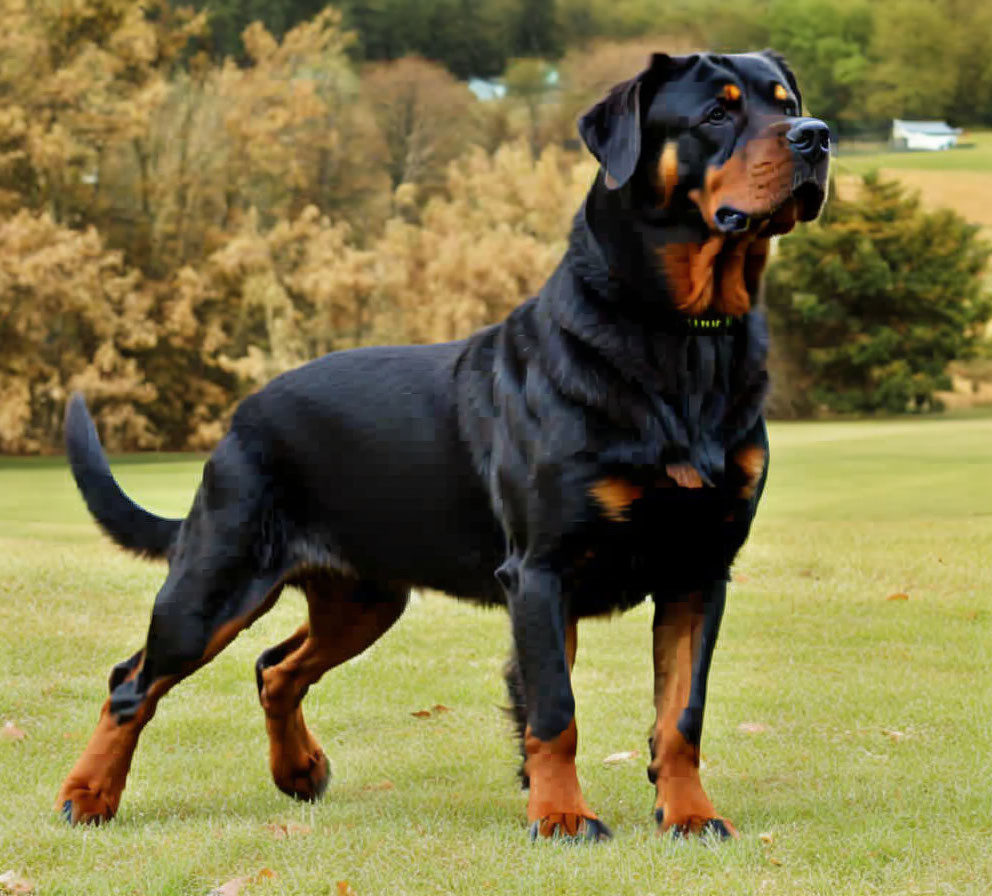 Majestic Rottweiler in grassy field with glossy coat