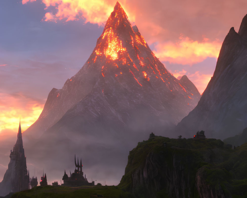 Majestic mountain glowing at sunset over fantasy landscape with castles