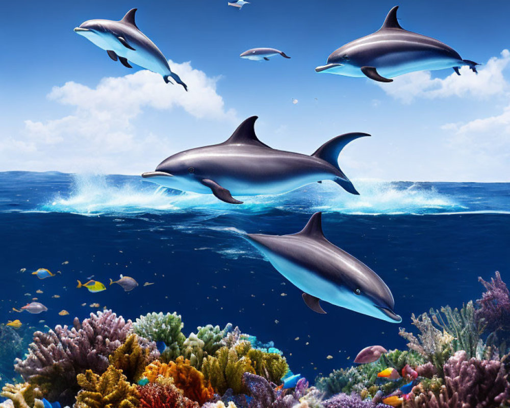 Dolphins leaping above vibrant coral reef and fish in clear blue waters