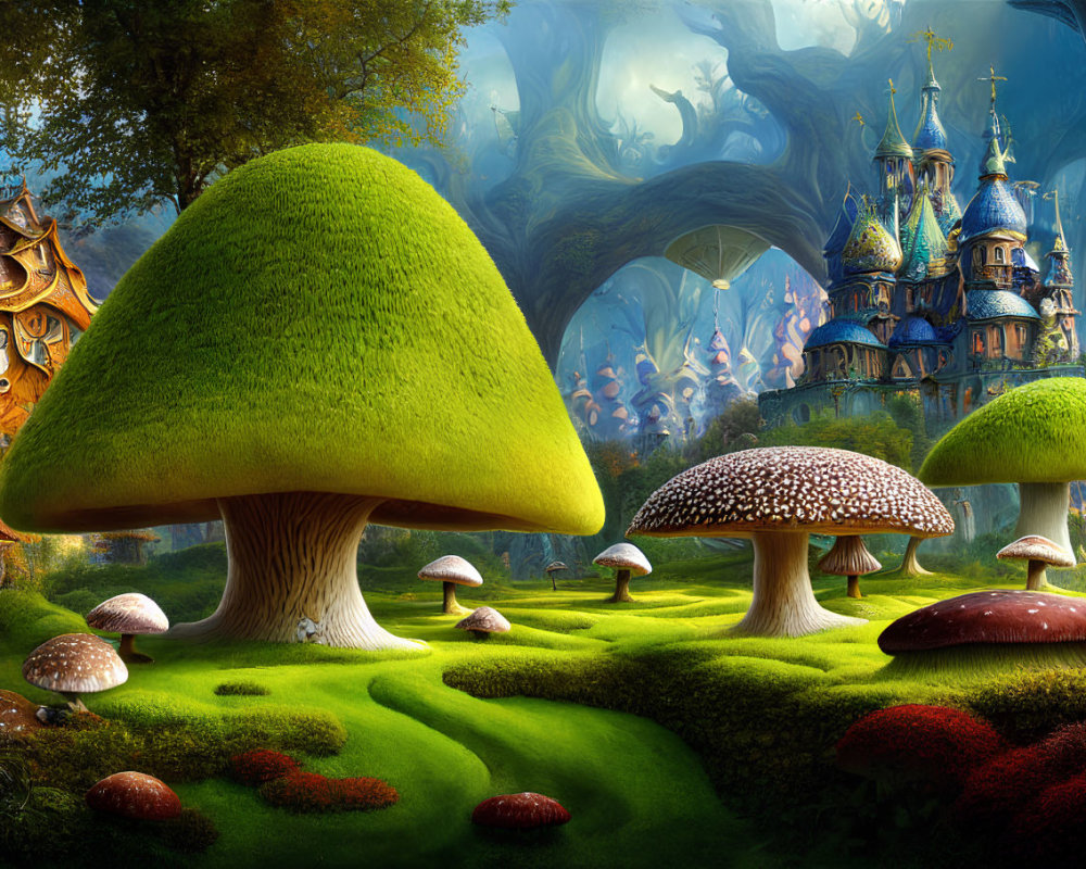 Colorful fantasy landscape with oversized mushrooms and fairy-tale castle.