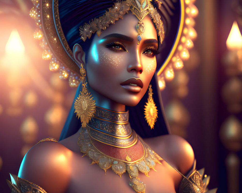 Golden headdress adorns elegant woman in warm, candle-lit setting