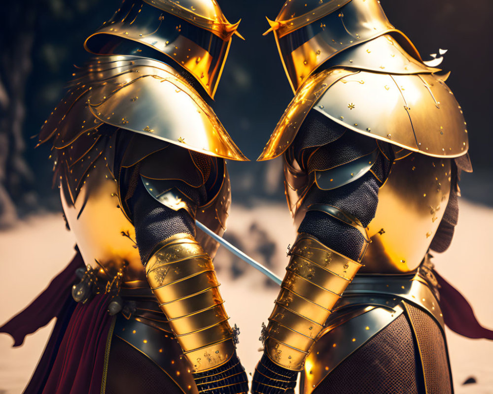 Golden-armored knights in snowy setting, one comforting the other.