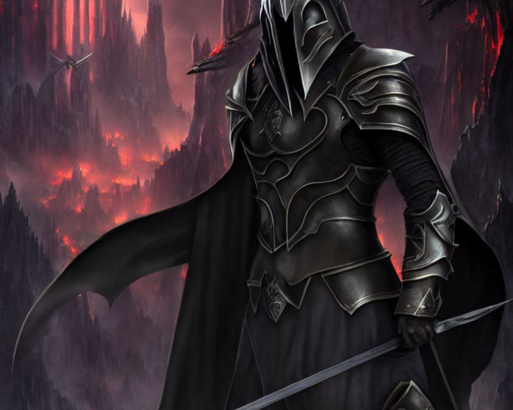 Dark Figure in Ornate Armor with Long Sword in Fiery Landscape