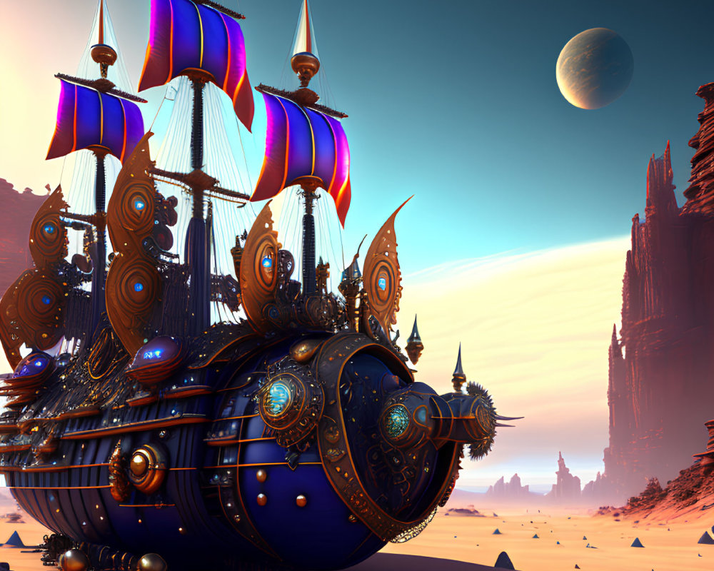 Steampunk-style ship with vibrant sails in desert landscape under large moon