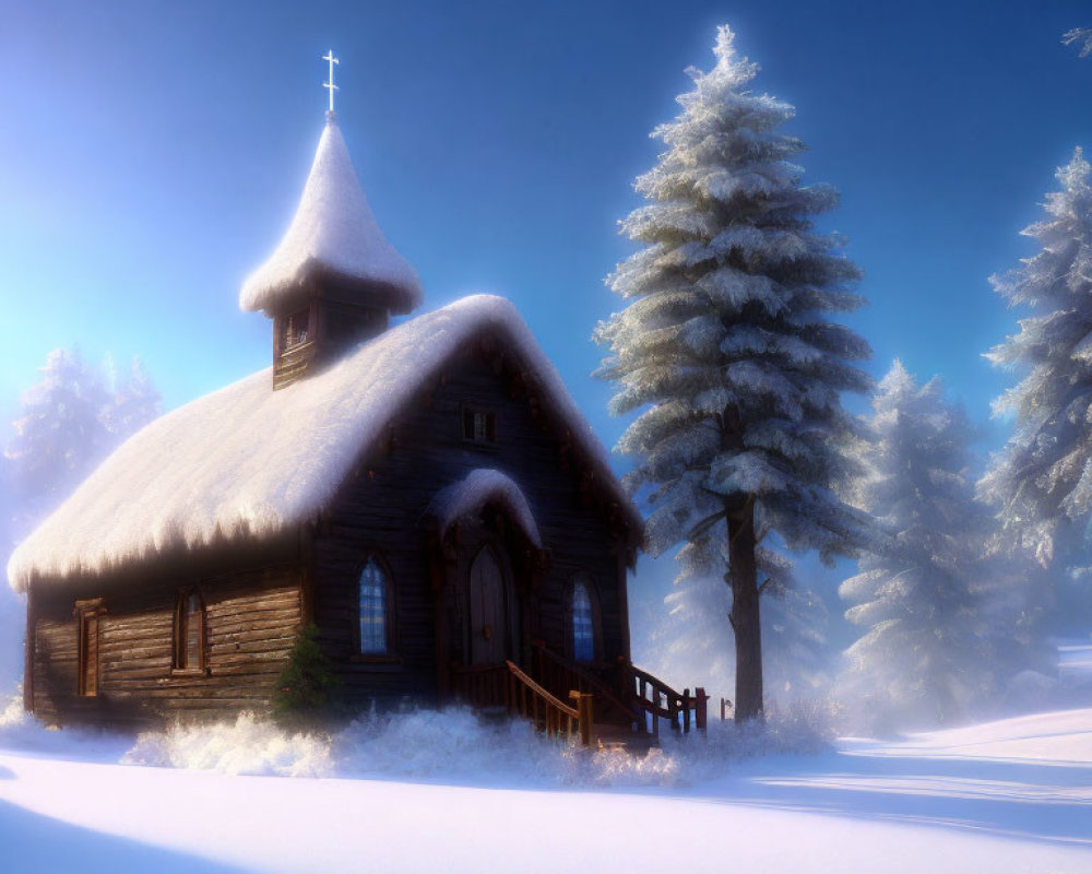 Snow-covered wooden church and frosty tree in serene winter landscape