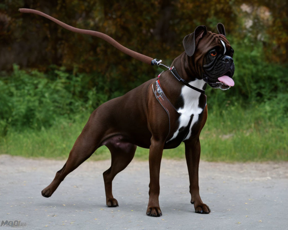 Brown Boxer Dog Standing on Path with Leash, Trees in Background