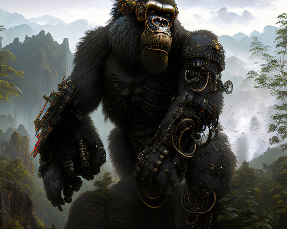Cybernetic gorilla with mechanical enhancements in misty jungle landscape