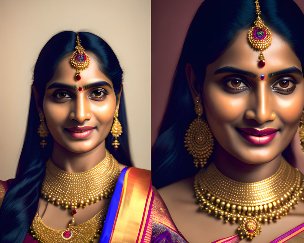 Image: Woman with Two Makeup Styles & Indian Saree