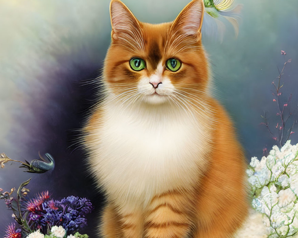 Illustrated ginger and white cat surrounded by colorful flowers and ethereal fish.