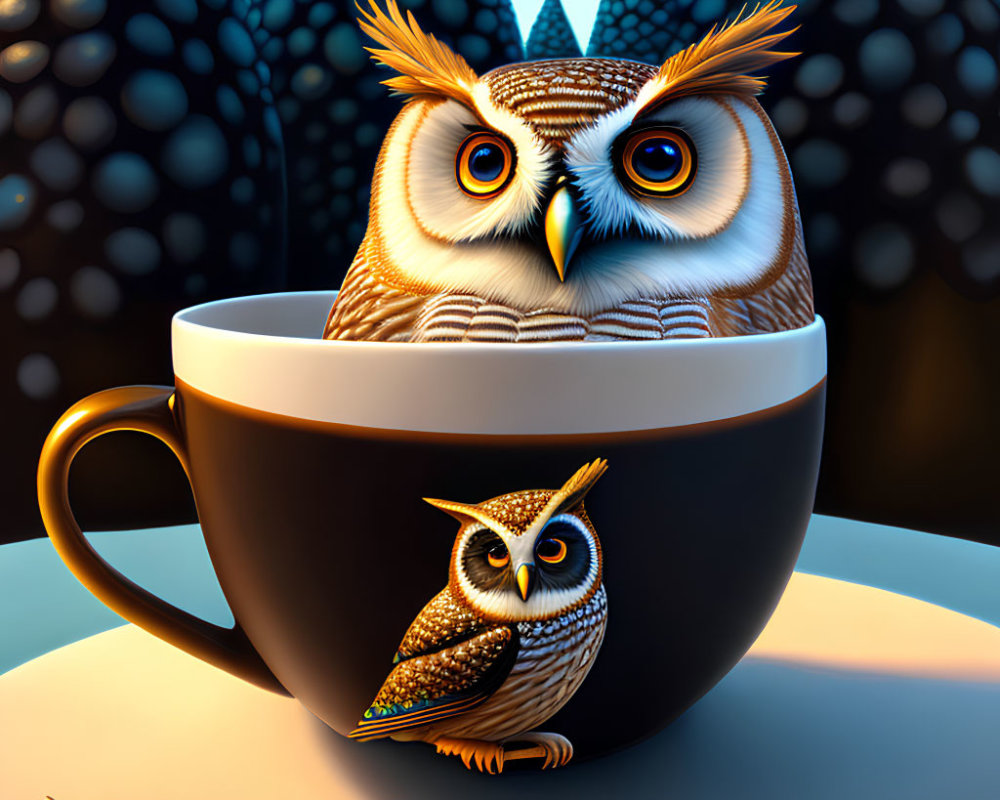 Illustration of two stylized owls in coffee cup with autumn leaves