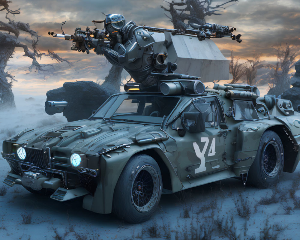 Futuristic combat vehicle with armor and weapons in misty landscape