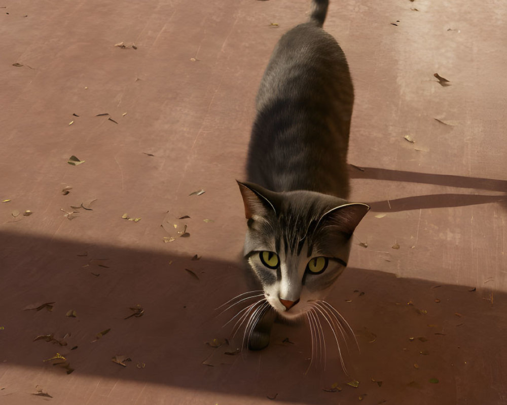 Striped fur cat walking on brown floor with dry leaves and long shadow