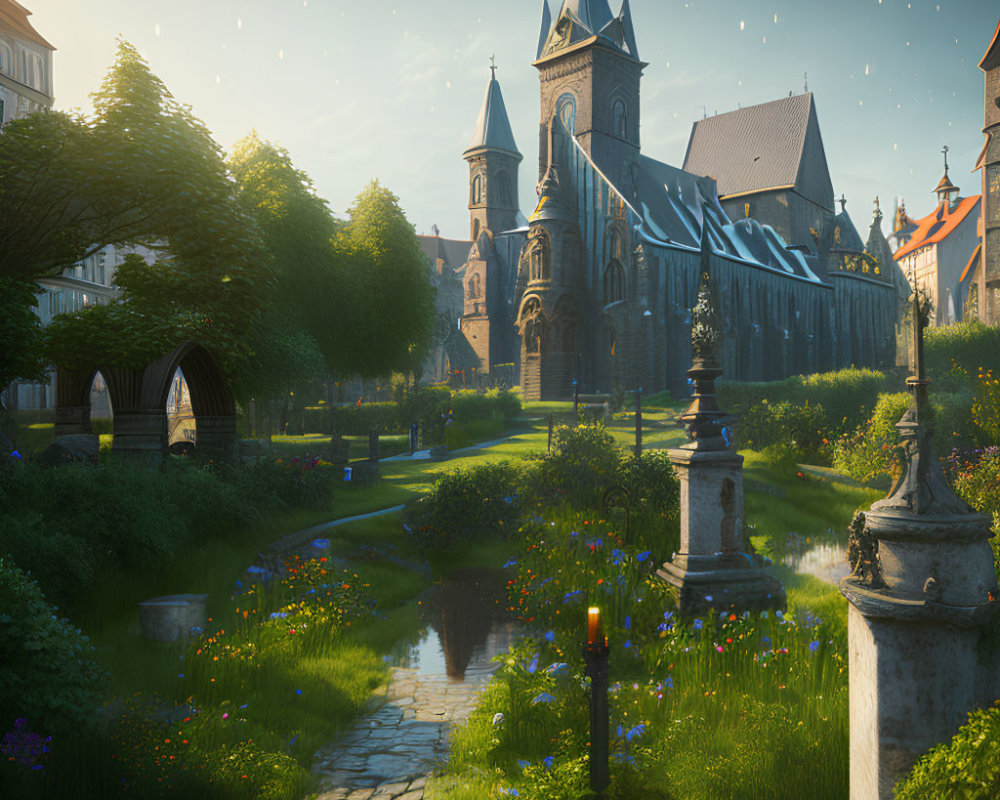 Medieval cathedral with gardens, creek, and stone bridges in soft sunlight