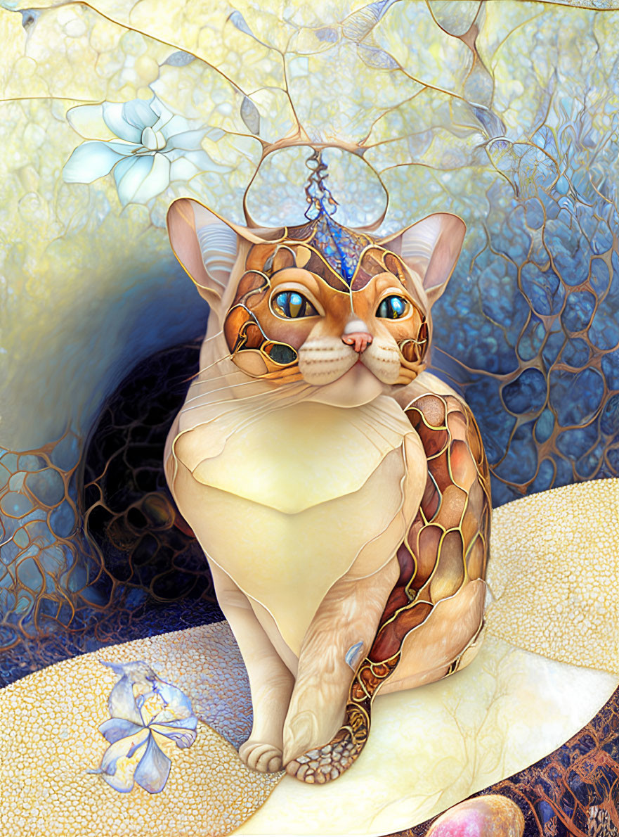 Colorful Stylized Digital Artwork: Cat with Intricate Patterns & Whimsical Aura