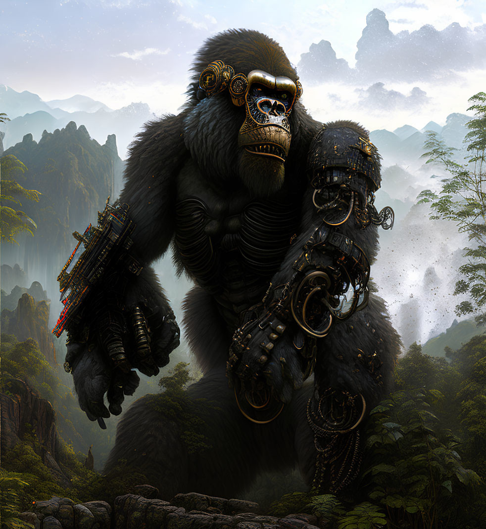 Cybernetic gorilla with mechanical enhancements in misty jungle landscape