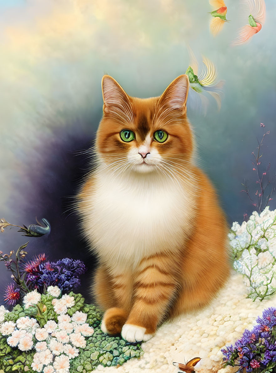 Illustrated ginger and white cat surrounded by colorful flowers and ethereal fish.