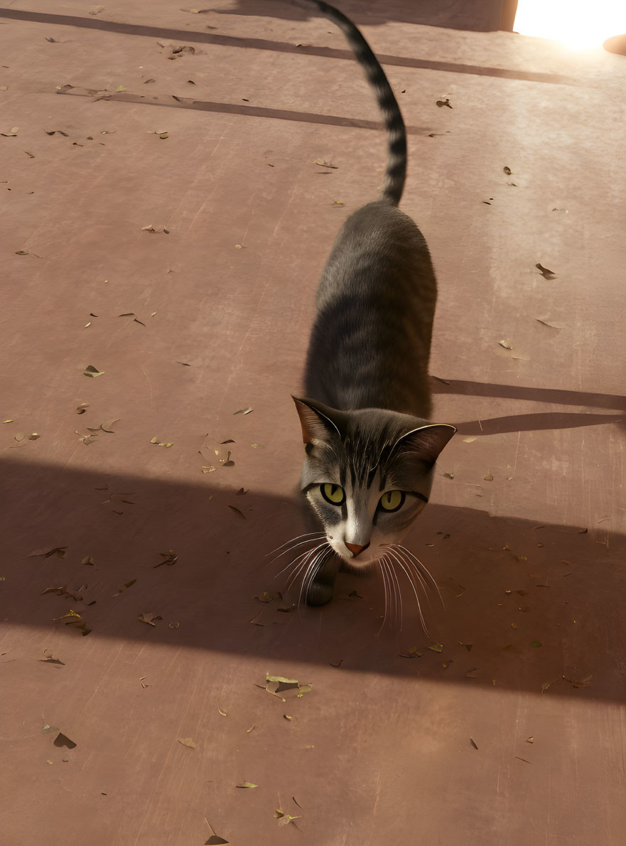 Striped fur cat walking on brown floor with dry leaves and long shadow
