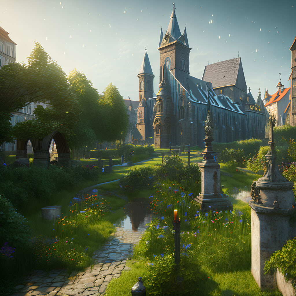 Medieval cathedral with gardens, creek, and stone bridges in soft sunlight