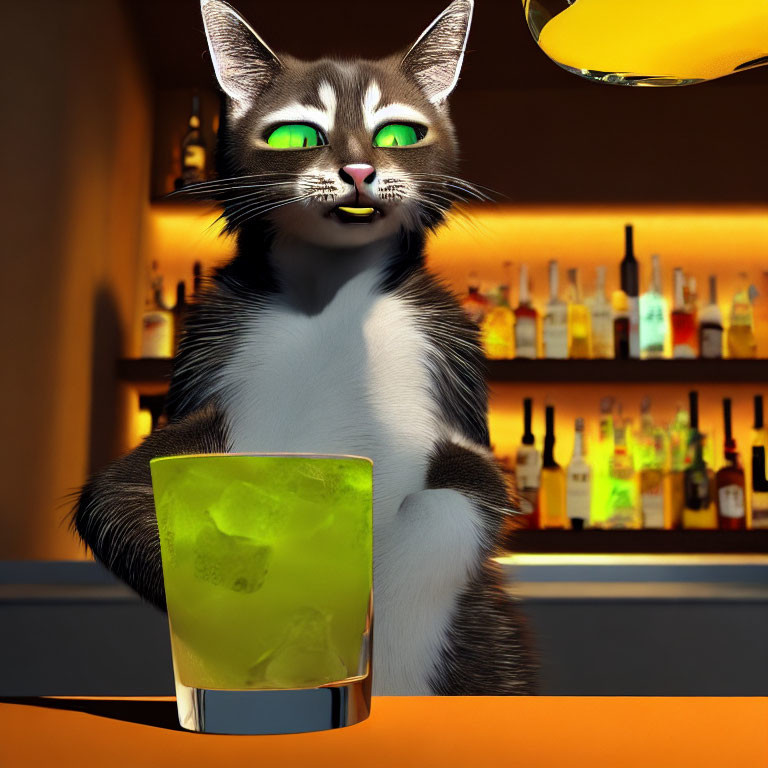 Anthropomorphic cat 3D animation in bar setting with yellow-green drink and warm lighting