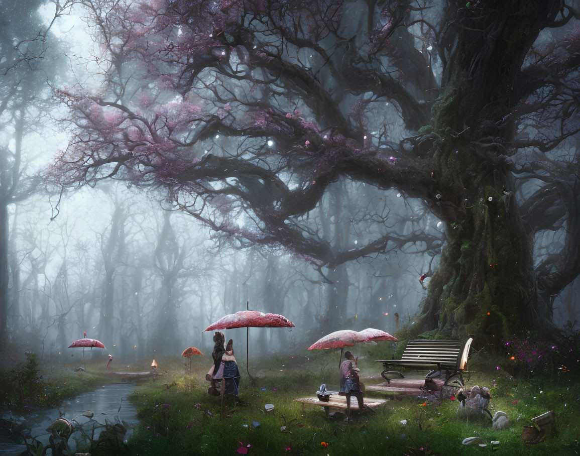 Enchanting forest scene with two figures under mushroom umbrellas