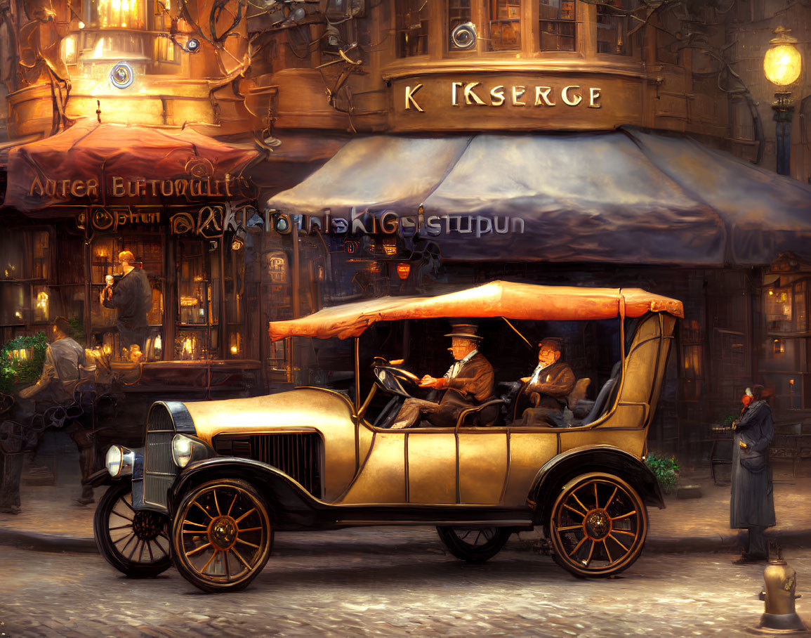 Vintage golden car parked on cobblestone street at dusk with people and warmly lit shops.