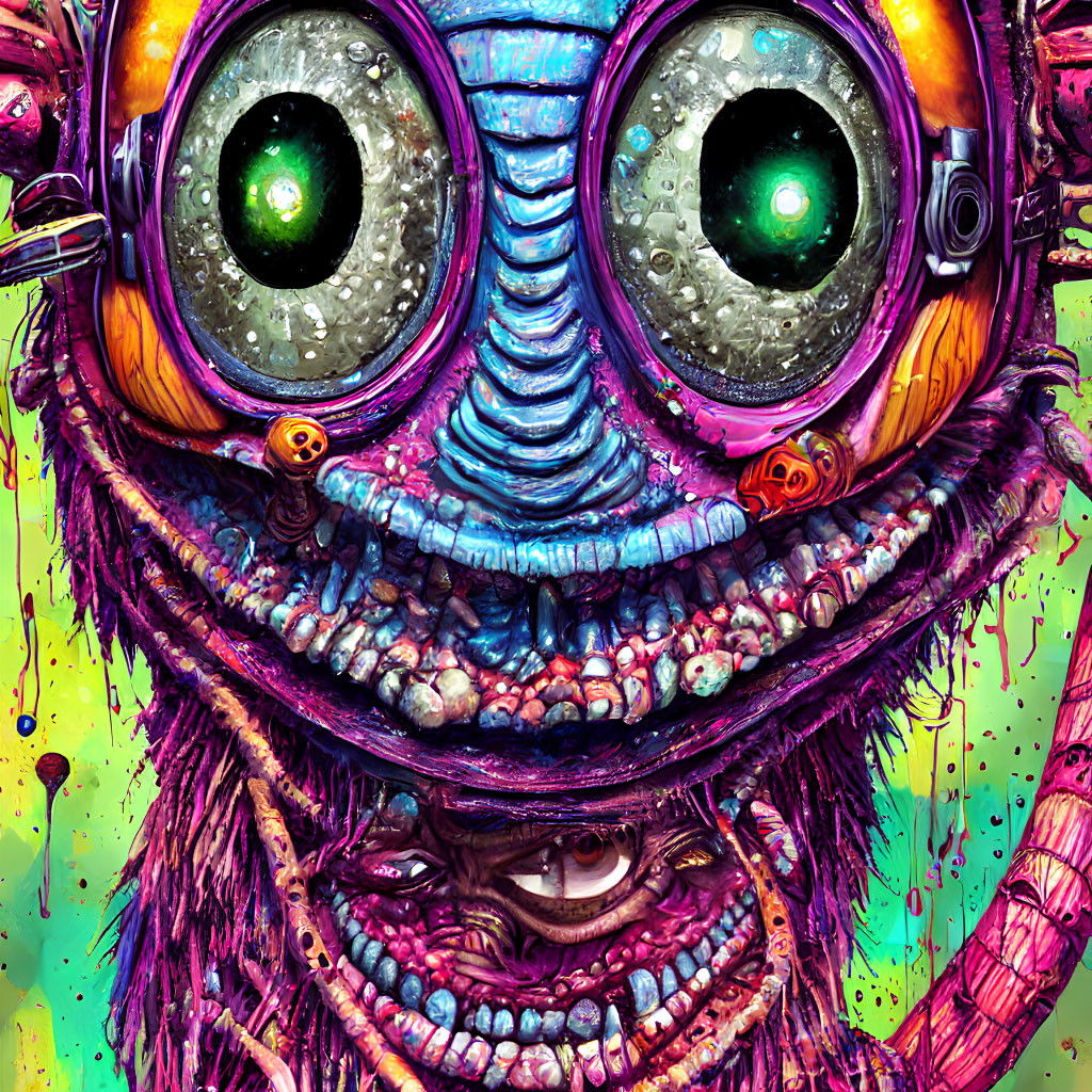 Colorful Psychedelic Creature with Green Eyes and Multicolored Snout