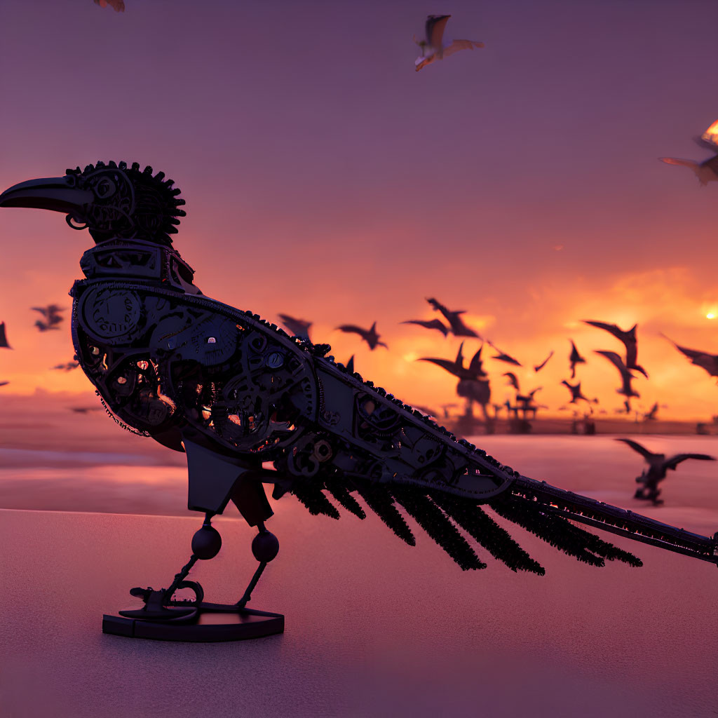 Intricate mechanical bird with gears against sunset backdrop