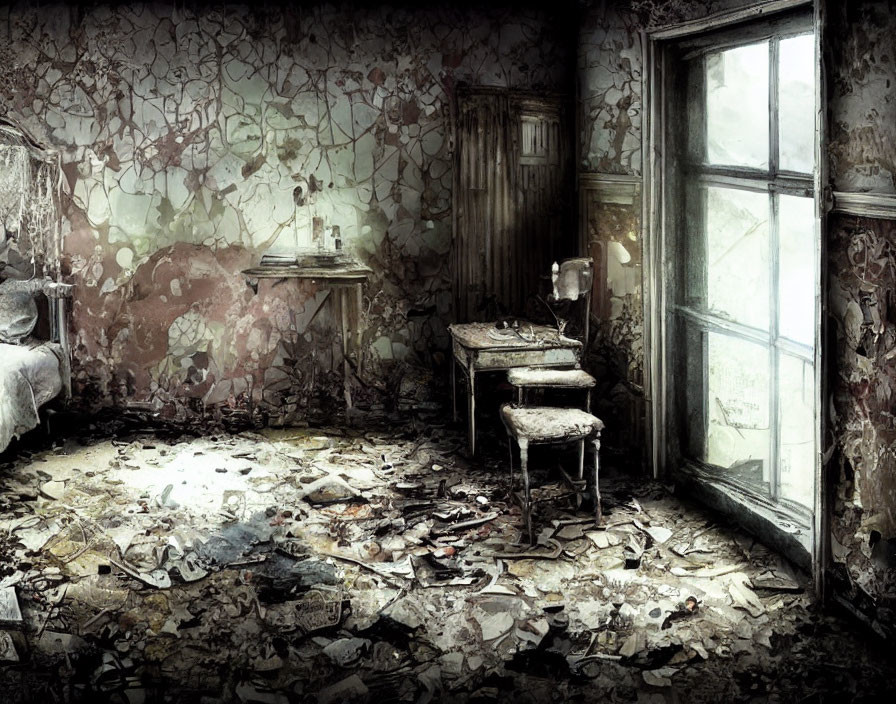 Decrepit room with peeling wallpaper, old bed, open book on table, chair by grim