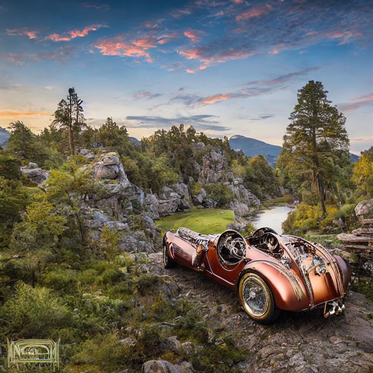 Vintage Car Parked on Rocky Terrain by River Bend at Sunset