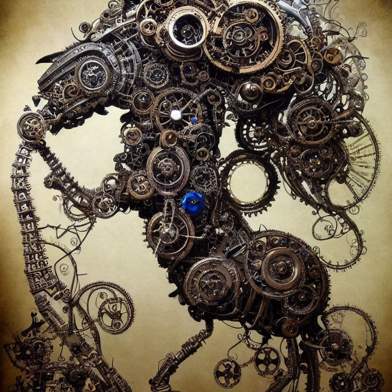 Steampunk mechanical horse with glowing blue eye on parchment background