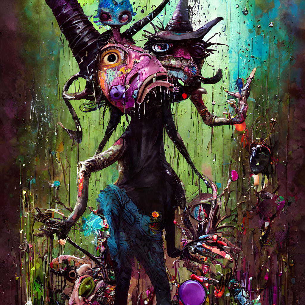 Vibrant surreal painting of fantastical creature with multiple faces and eyes