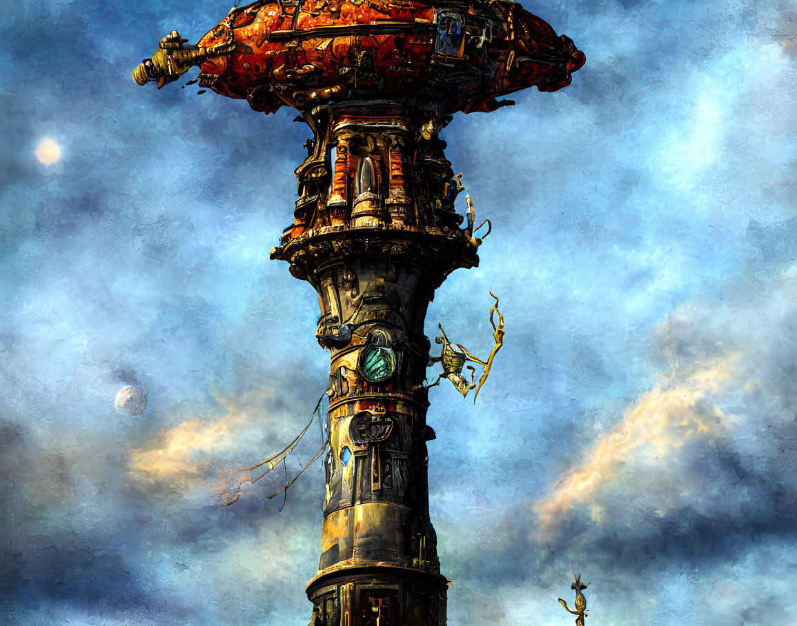 Steampunk tower with gears, pipes, and figures in cloudy sky