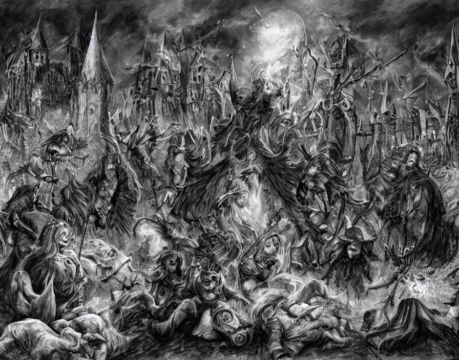 Monochrome fantasy battle scene with creatures, warriors, and castle