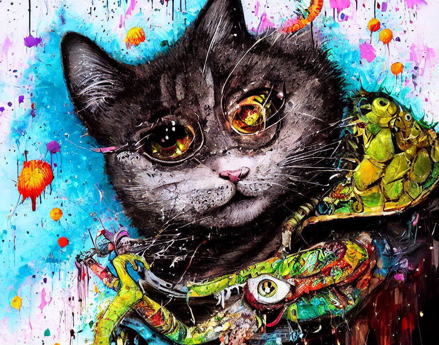 Colorful Artwork: Grey Cat with Yellow Eyes and Green Turtle on Shoulder