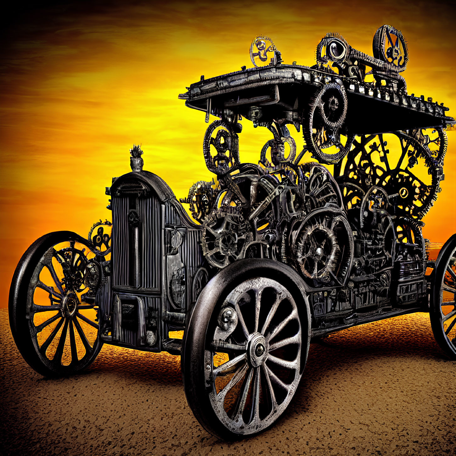 Steampunk-style vehicle with exposed gears against orange sky
