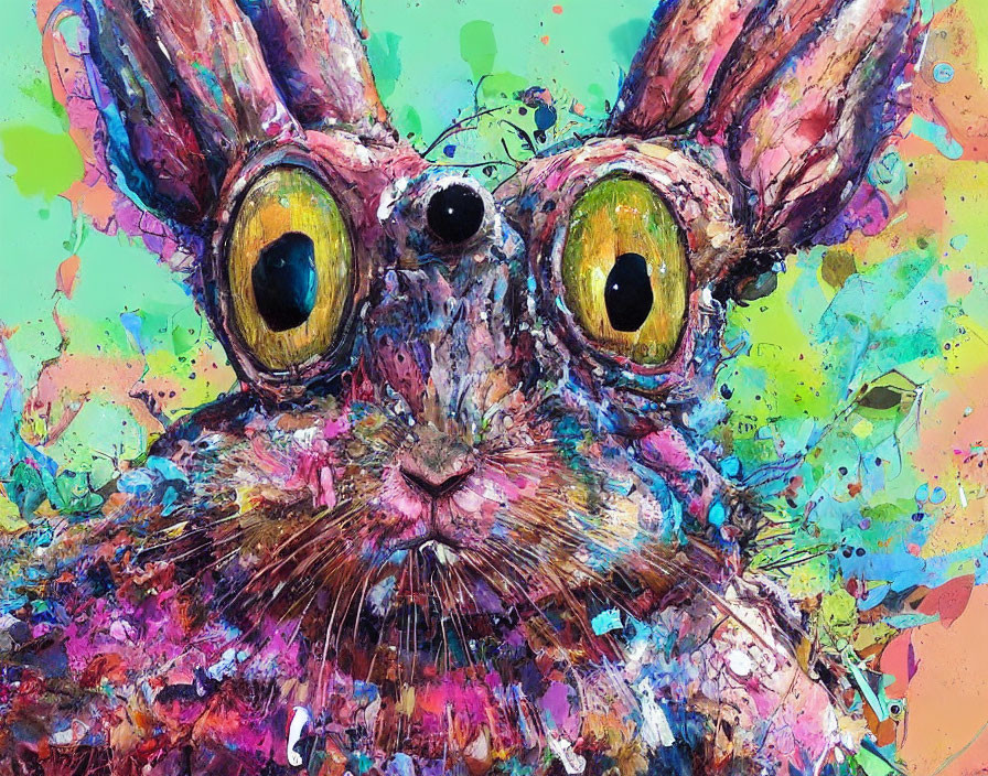 Colorful Abstract Painting: Rabbit with Yellow Eyes