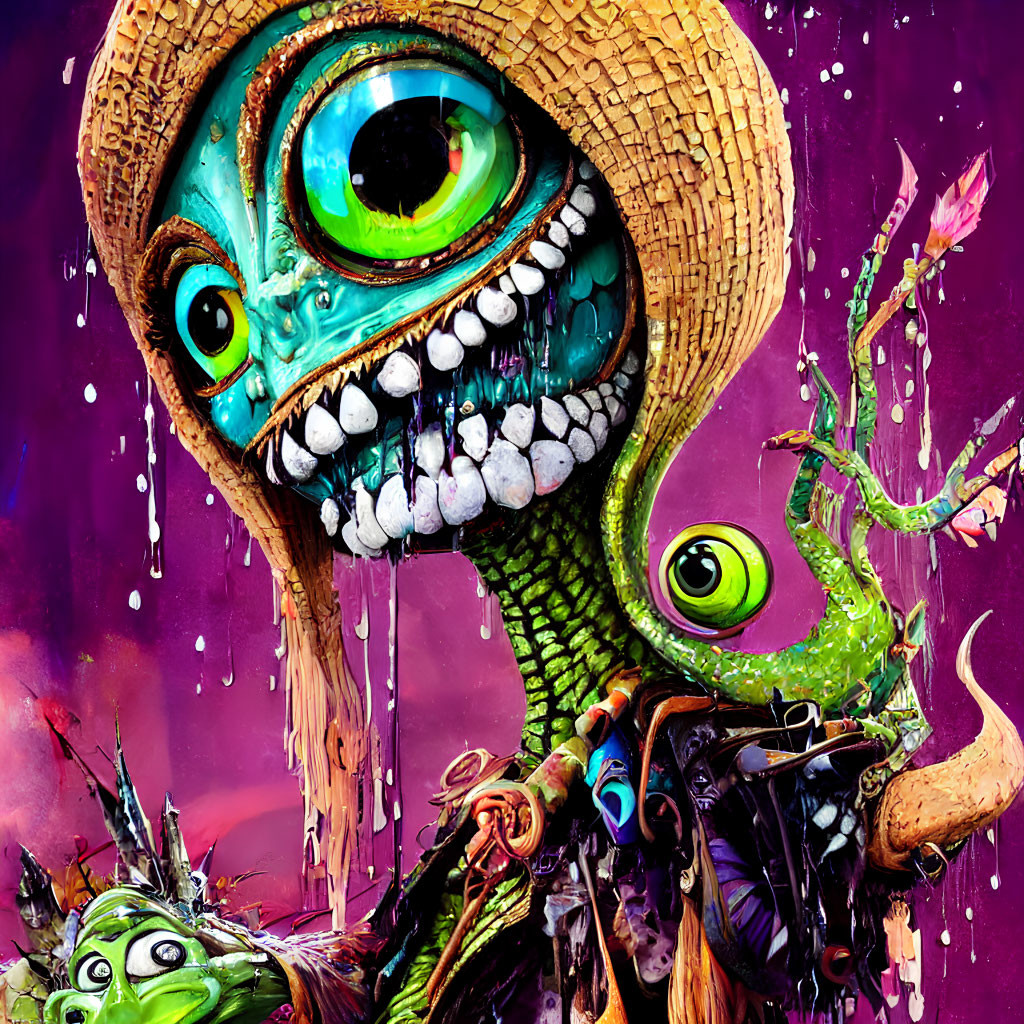 Colorful illustration of whimsical alien creature with large eye and straw hat