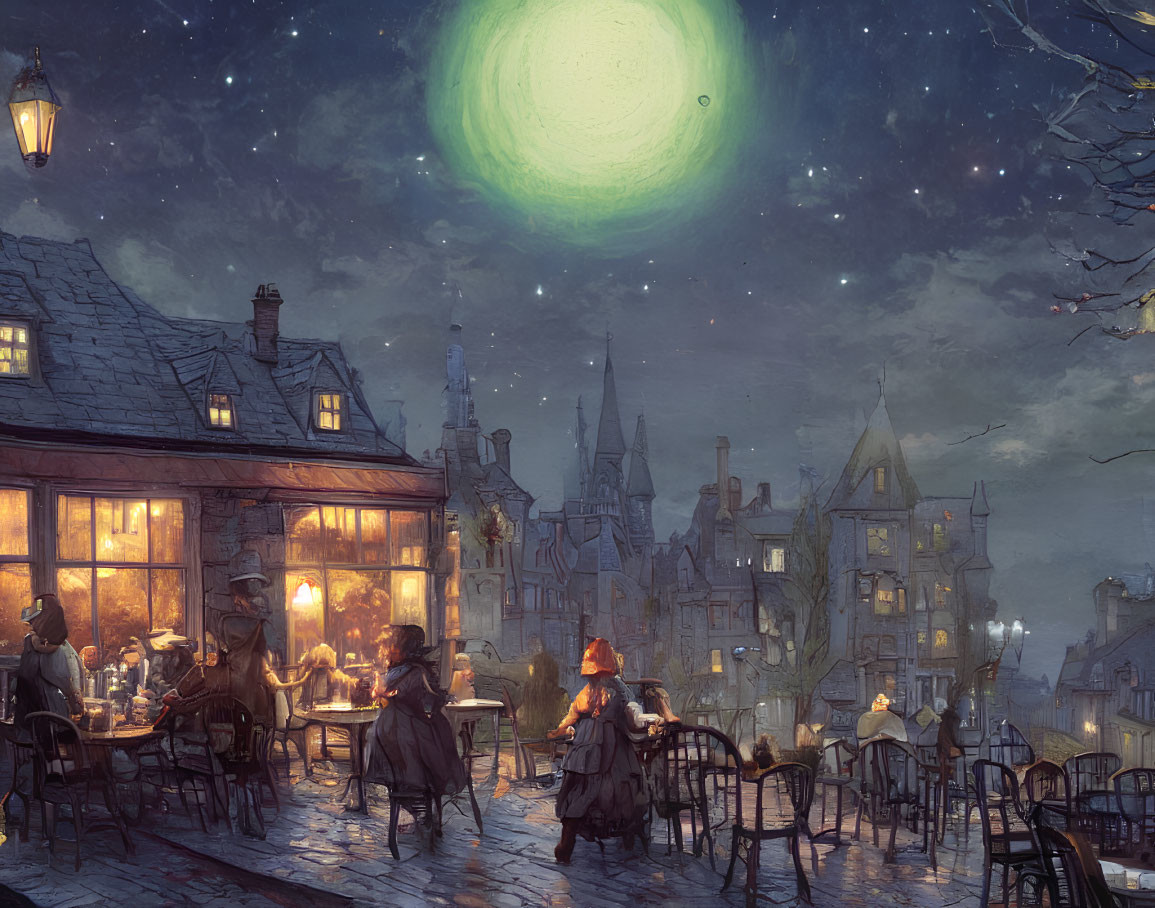 Historic village evening scene with people dining under green moon