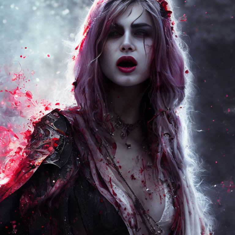 Purple-haired woman in bloodstained dress with intense gaze amidst red splatters, exuding gothic
